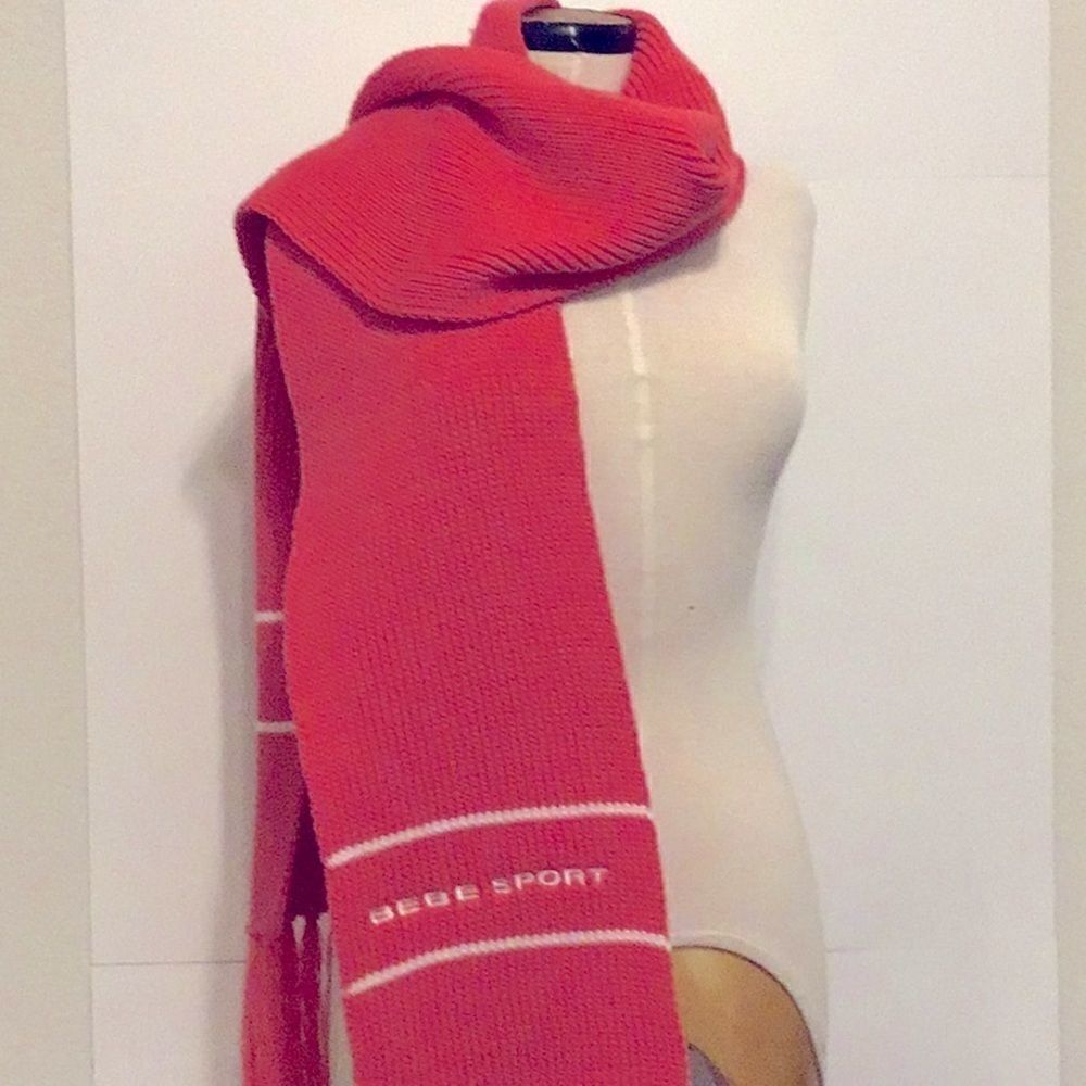 BEBE Sport Scarf Vintage Sport Ski Magenta Knit Fringed Scarf  Shawl White Logo